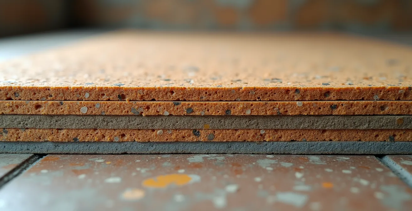 Sección transversal de un forjado antiguo con múltiples capas de aislamiento acústico instaladas, mostrando materiales y espesores