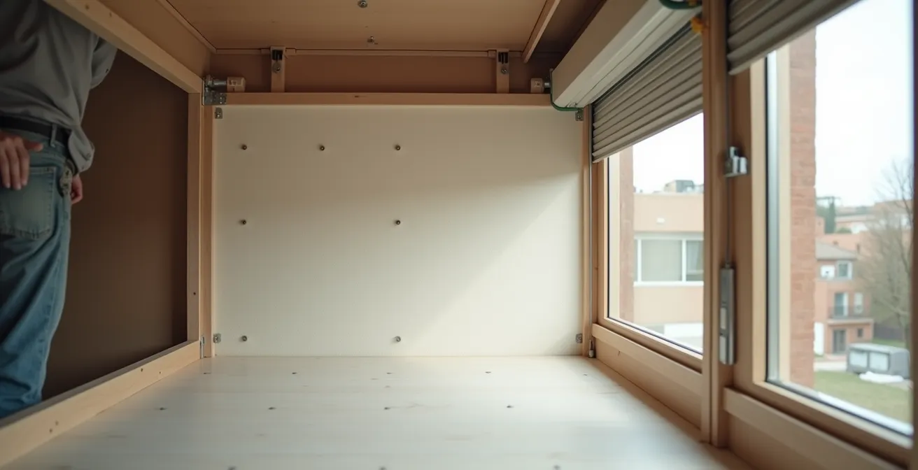 Interior de cajón de persiana mostrando instalación de aislante térmico con espacio para mecanismo