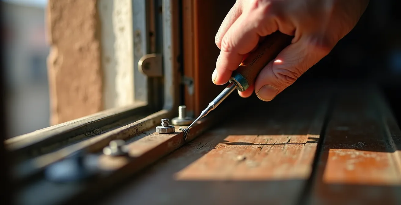 Manos ajustando bisagra de ventana con destornillador mostrando tornillos de regulación