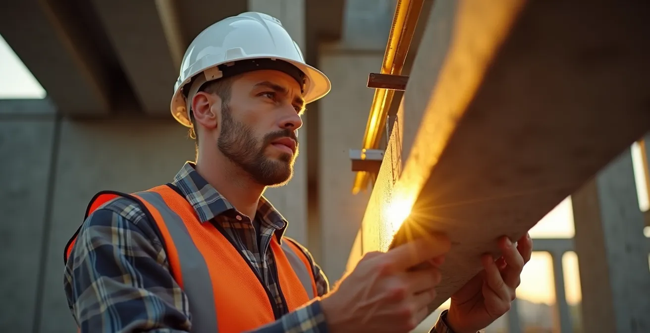 Aparejador con casco revisando estructura de hormigón en obra residencial