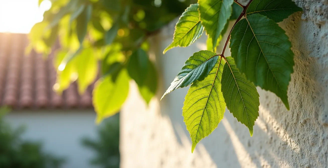Árboles de hoja caduca creando microclima en casa mediterránea
