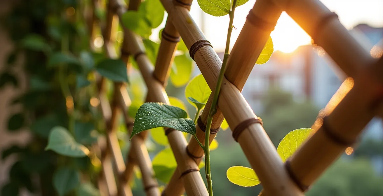 Barandilla de balcón con celosía de madera y plantas trepadoras para privacidad