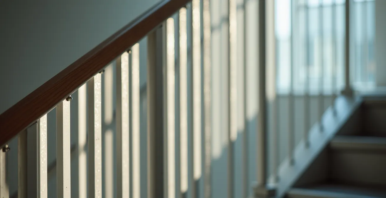 Vista lateral de una barandilla de escalera mostrando la altura correcta y separación entre barrotes según normativa