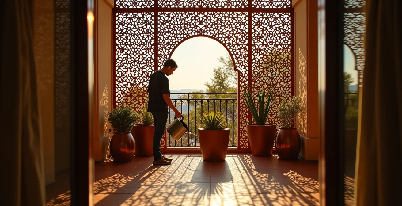 Celosía de acero corten en balcón mediterráneo filtrando luz y proporcionando privacidad