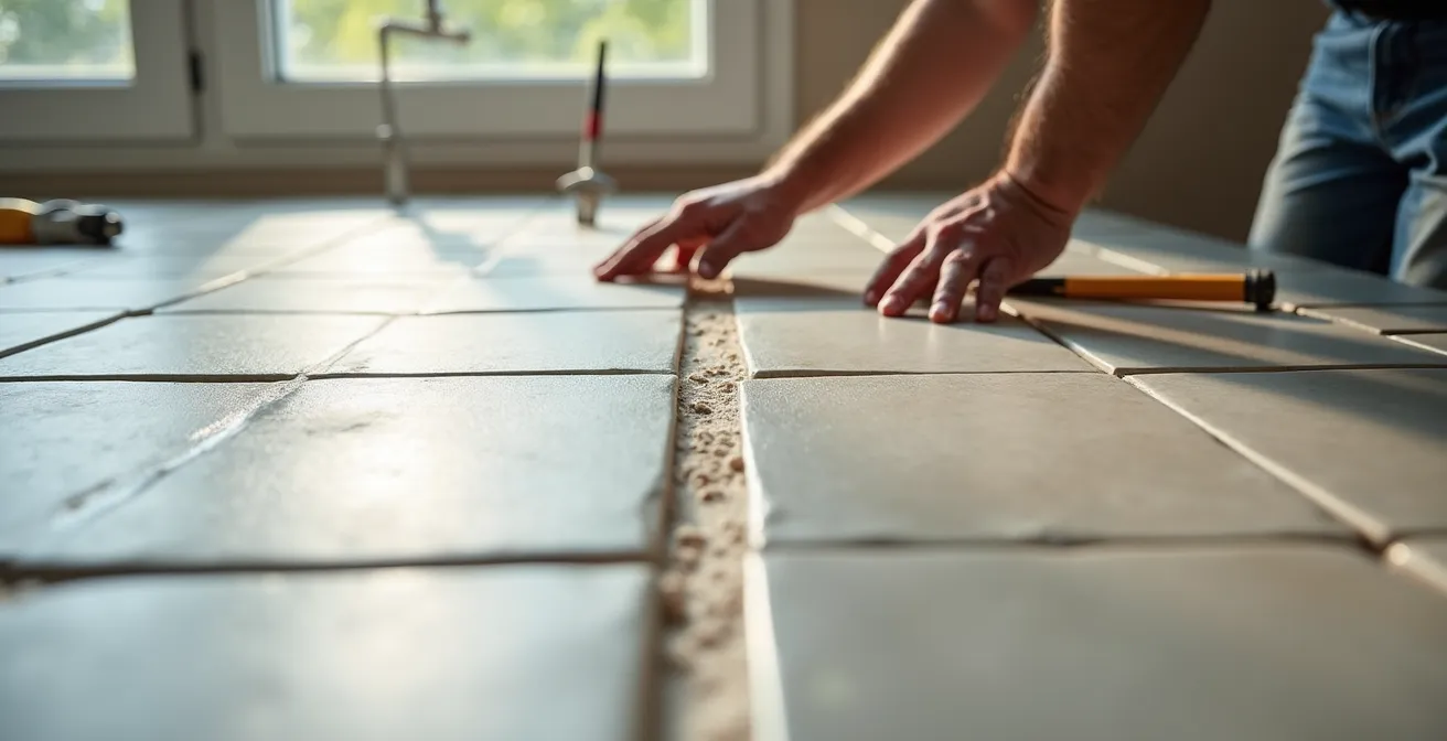 Instalación de baldosas de gran formato mostrando problemas de nivelación vs baldosas pequeñas