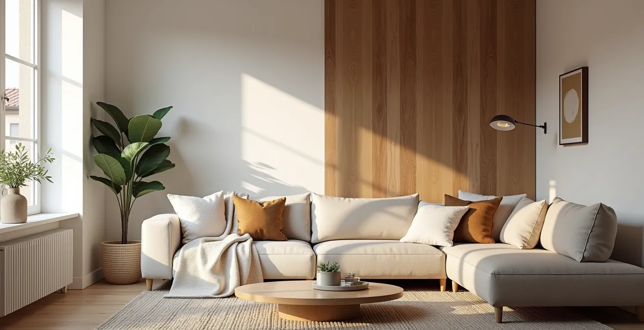 Comparación visual de un salón: estilo nórdico a la izquierda con textiles blancos y estilo Japandi a la derecha con tonos tierra