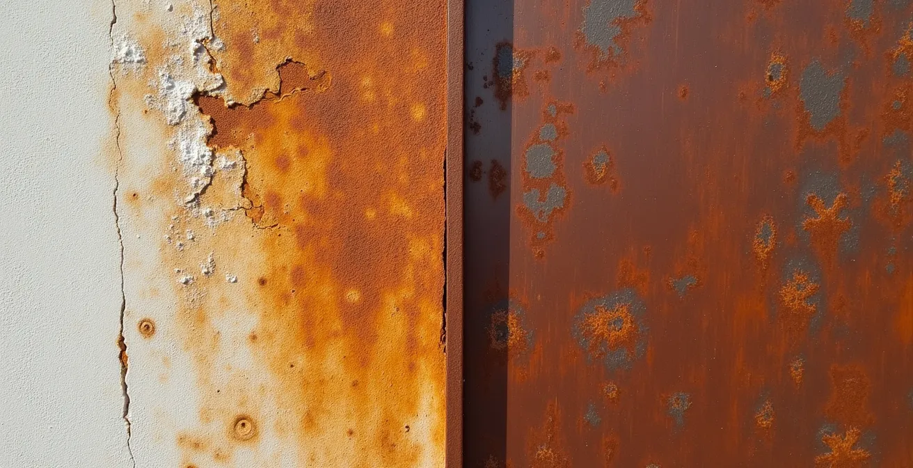 Comparación visual de textura entre pintura efecto óxido y acero corten auténtico