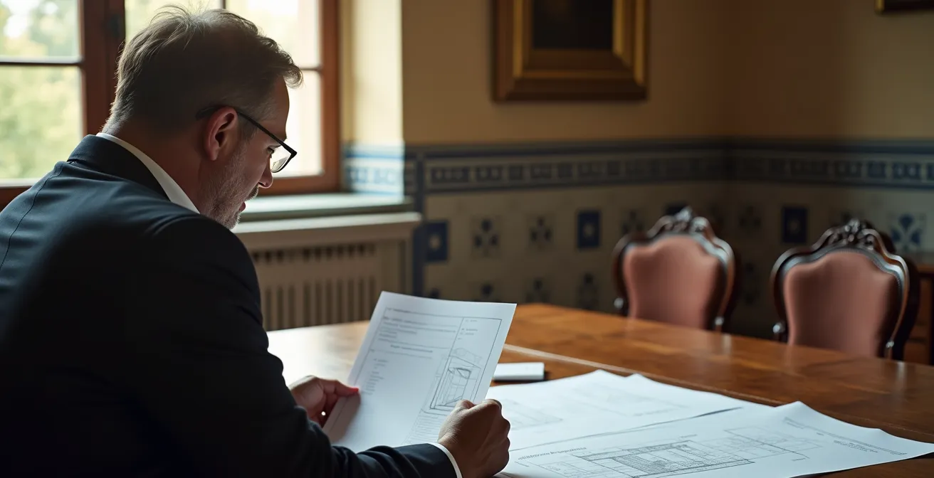 Inspector municipal revisando documentos de obra con calculadora y planos arquitectónicos sobre mesa