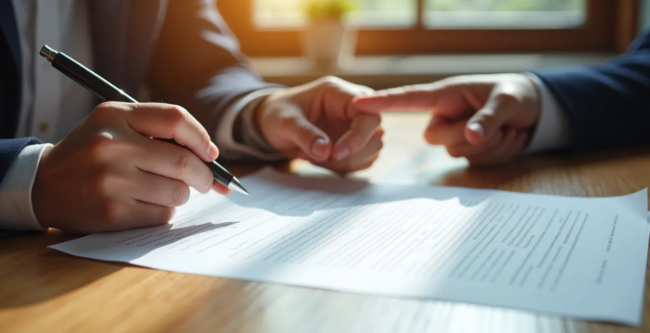 Manos firmando contrato de construcción con bolígrafo sobre mesa de madera