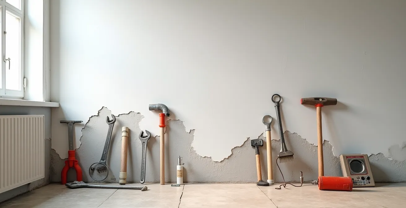 Vista de una pared con zona de humedad marcada, herramientas de fontanero y electricista organizadas esperando intervención secuencial