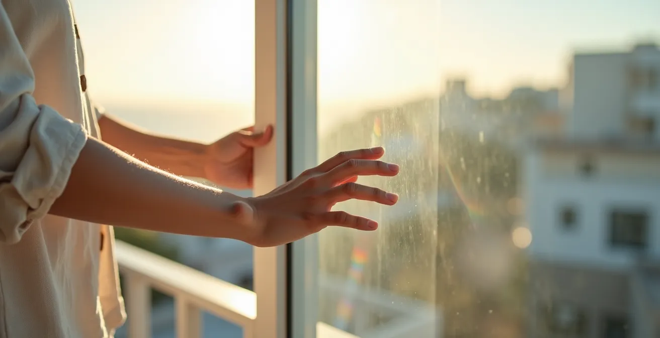 Sistema de cortinas de cristal plegables en balcón urbano sin perfiles fijos