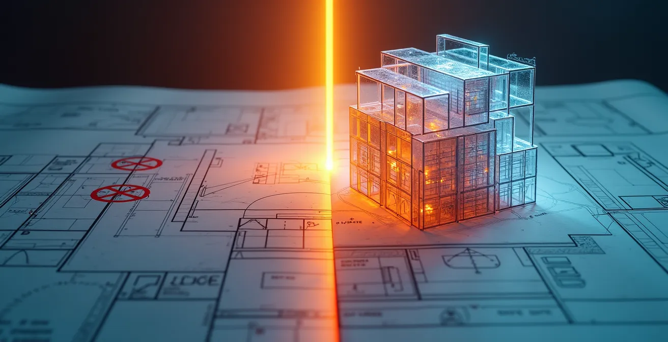 Modelo 3D BIM mostrando detección de colisiones entre estructura e instalaciones