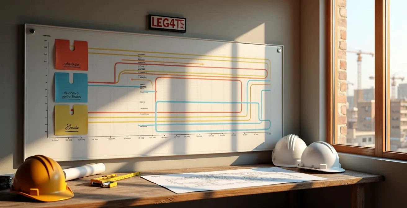 Diagrama temporal mostrando las fases superpuestas de una reforma integral con tiempos de espera de materiales