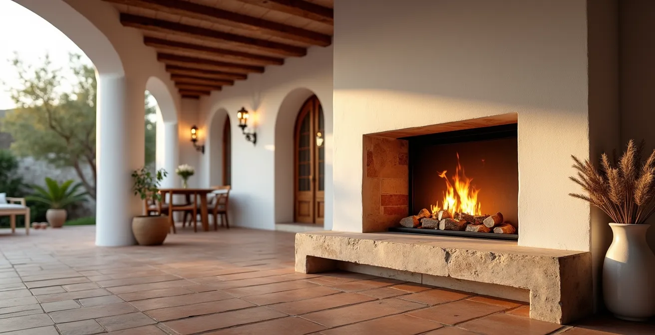 Estufa de bioetanol moderna integrada en salón con decoración mediterránea