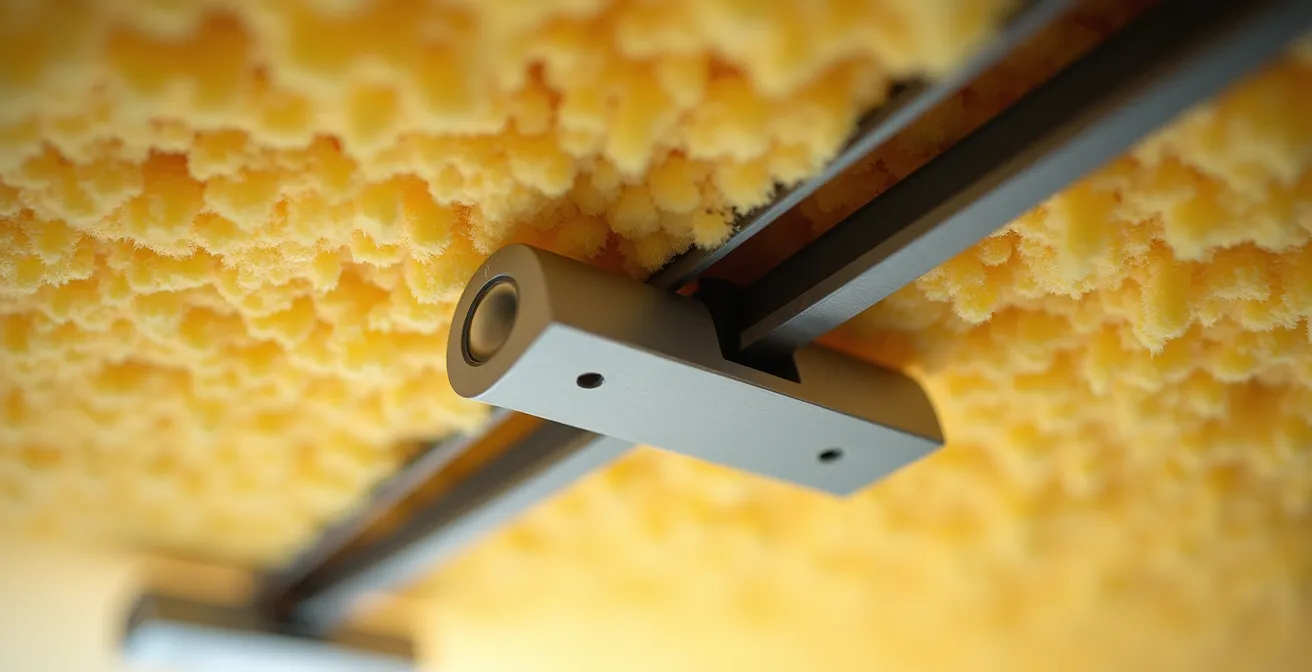 Detalle técnico de instalación de falso techo con silentblocks y lana de roca