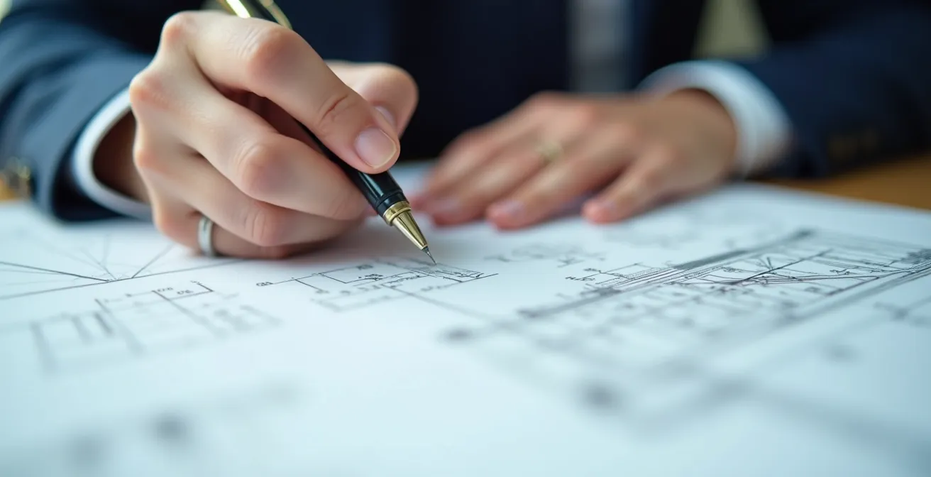 Manos profesionales firmando documentos oficiales de construcción con sellos y planos de fondo