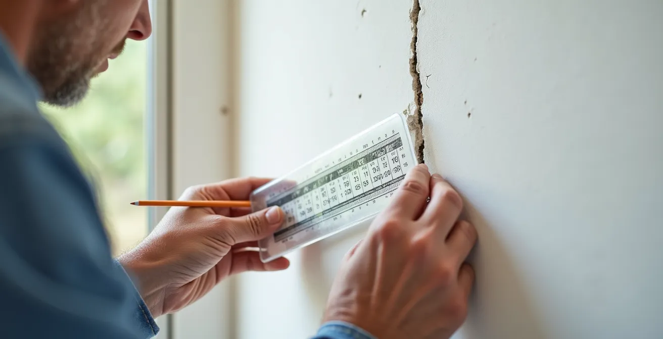 Fisurómetro instalado midiendo el movimiento de una grieta en pared