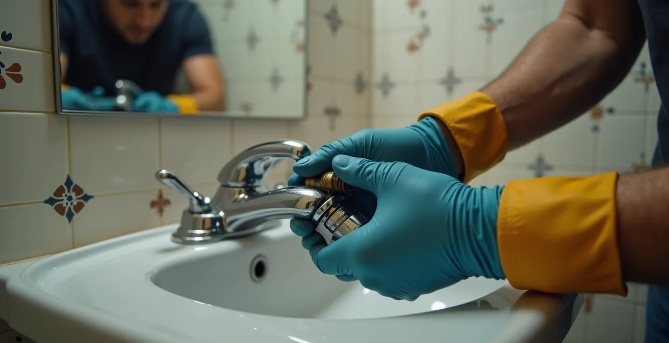 Herramientas para cambiar grifo dispuestas sobre superficie de trabajo