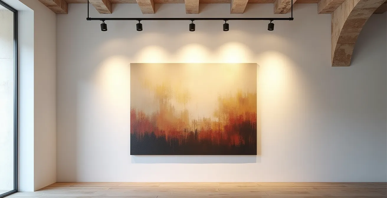 Sistema de iluminación con focos de carril iluminando un cuadro abstracto sin reflejos