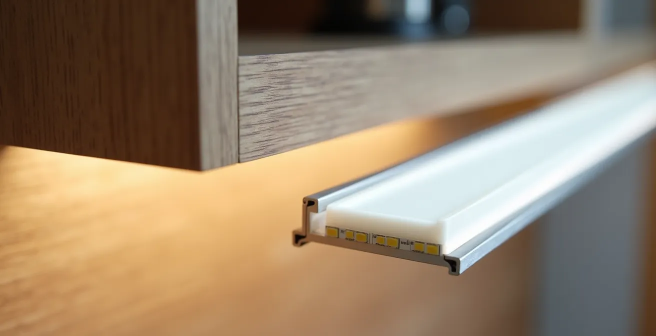 Detalle macro de perfil LED con difusor opal instalado bajo muebles de cocina