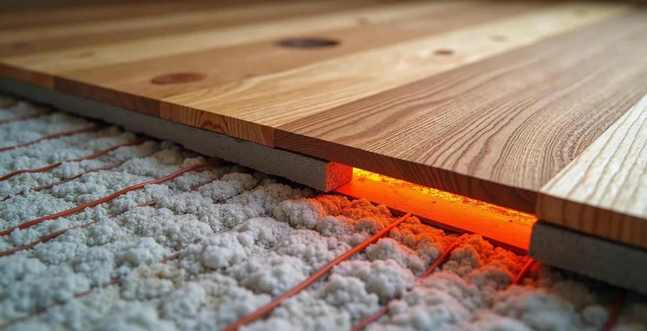 Instalación profesional de tarima de roble sobre sistema de calefacción radiante mostrando las capas técnicas