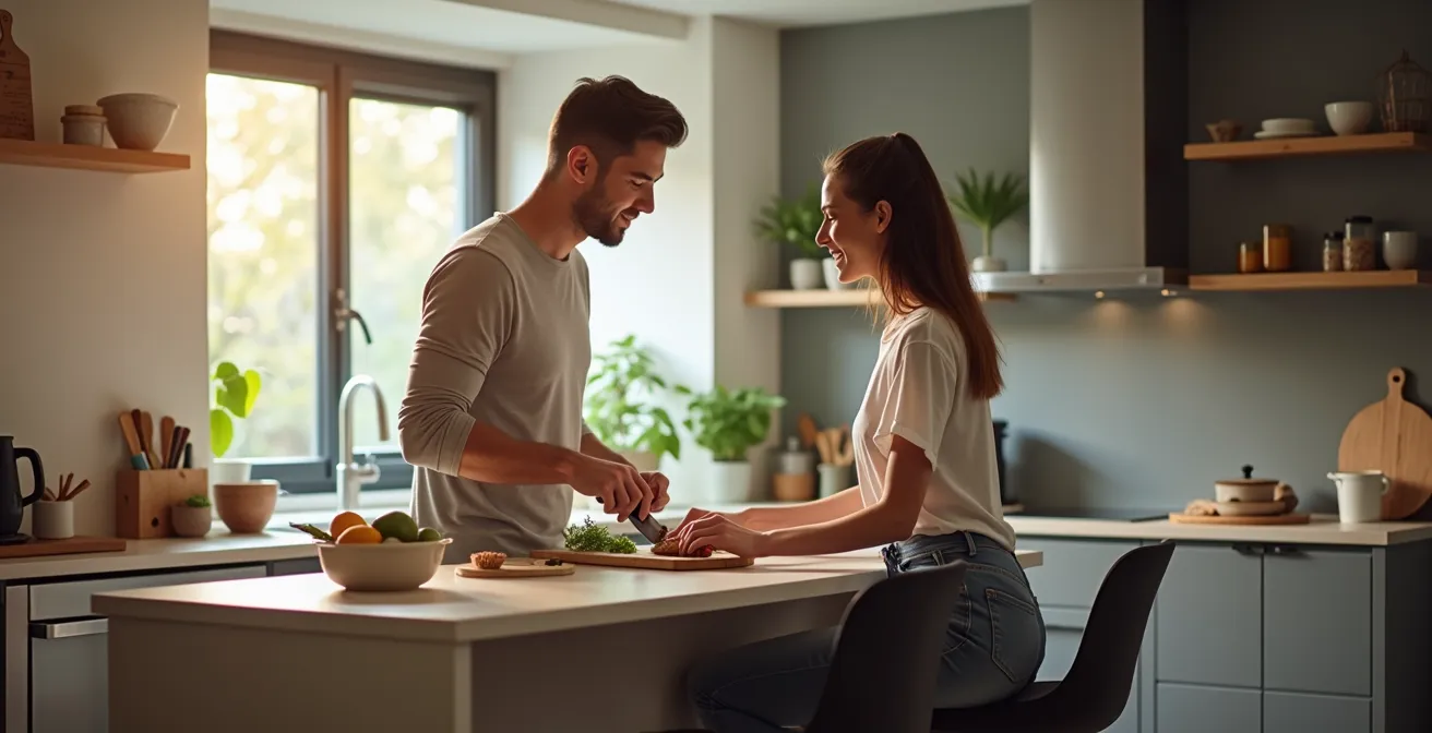 Isla de cocina moderna actuando como separador visual entre cocina y salón en un espacio diáfano