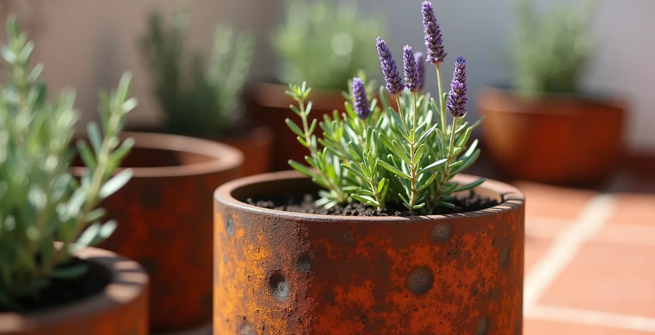Jardineras de acero corten con plantas mediterráneas autóctonas en terraza española