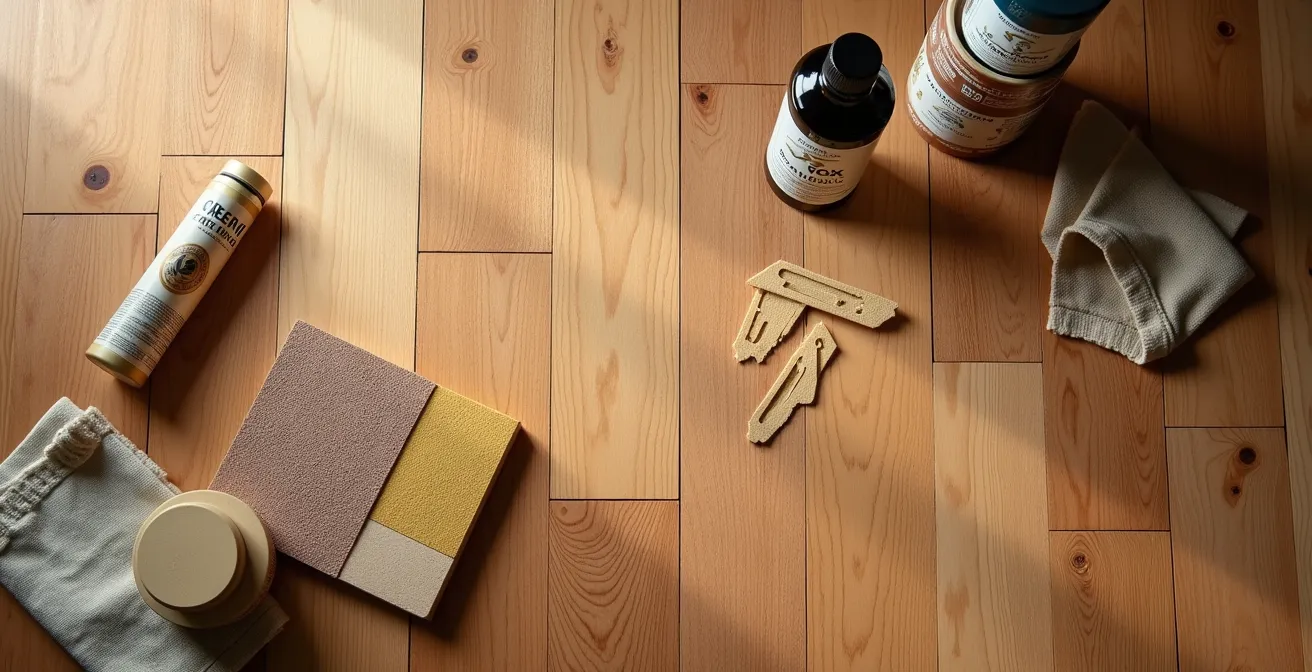 Kit profesional de reparación para arañazos en tarima de roble con productos y herramientas especializadas