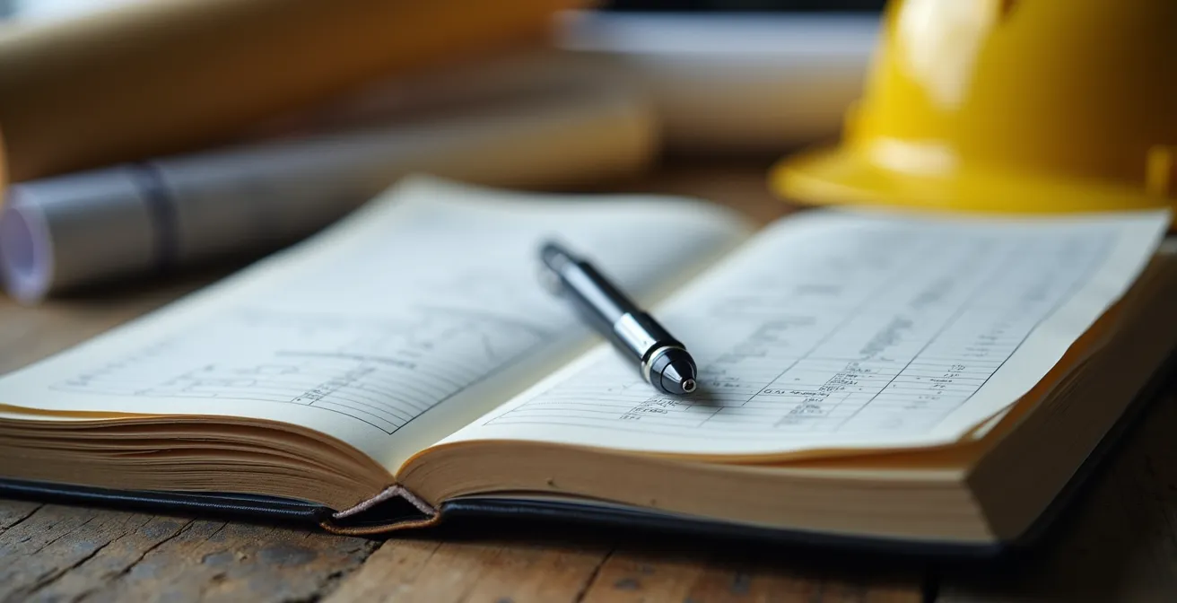 Libro de Órdenes y Asistencias abierto sobre mesa de obra con bolígrafo y casco amarillo