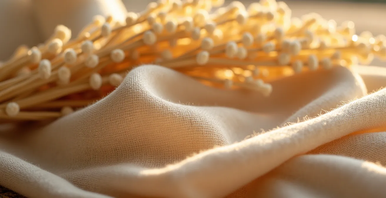 Detalle macro de materiales naturales españoles: esparto, mimbre y lino en composición artística