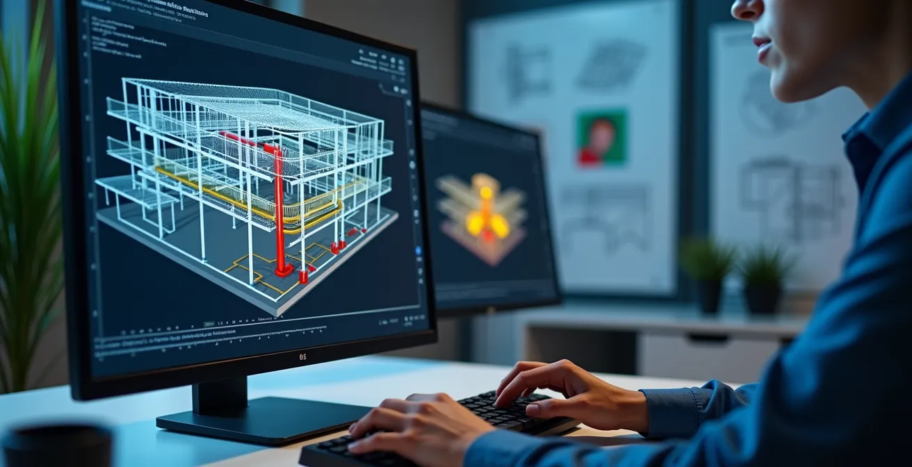 Visualización 3D BIM mostrando detección de interferencias entre estructura e instalaciones en edificio