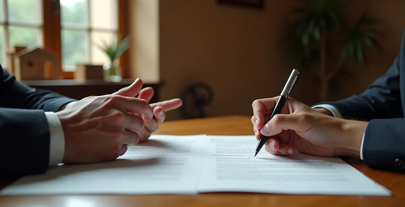 Reunión de negociación entre vendedor y comprador en mesa con documentos