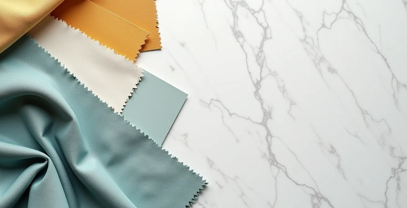 Composición visual mostrando paleta de colores abstractos contrastando con decoración neutra