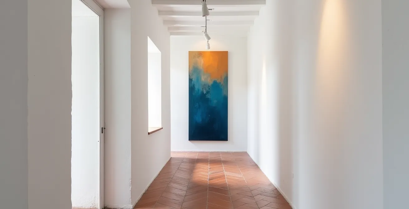 Pasillo estrecho con cuadro vertical grande al final creando perspectiva