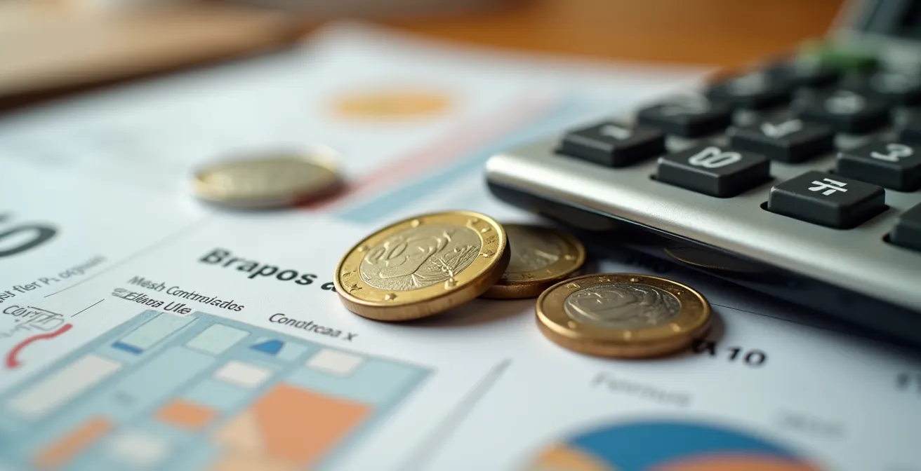 Documentos de presupuesto de obra con calculadora y gráficos de costes sobre mesa de trabajo