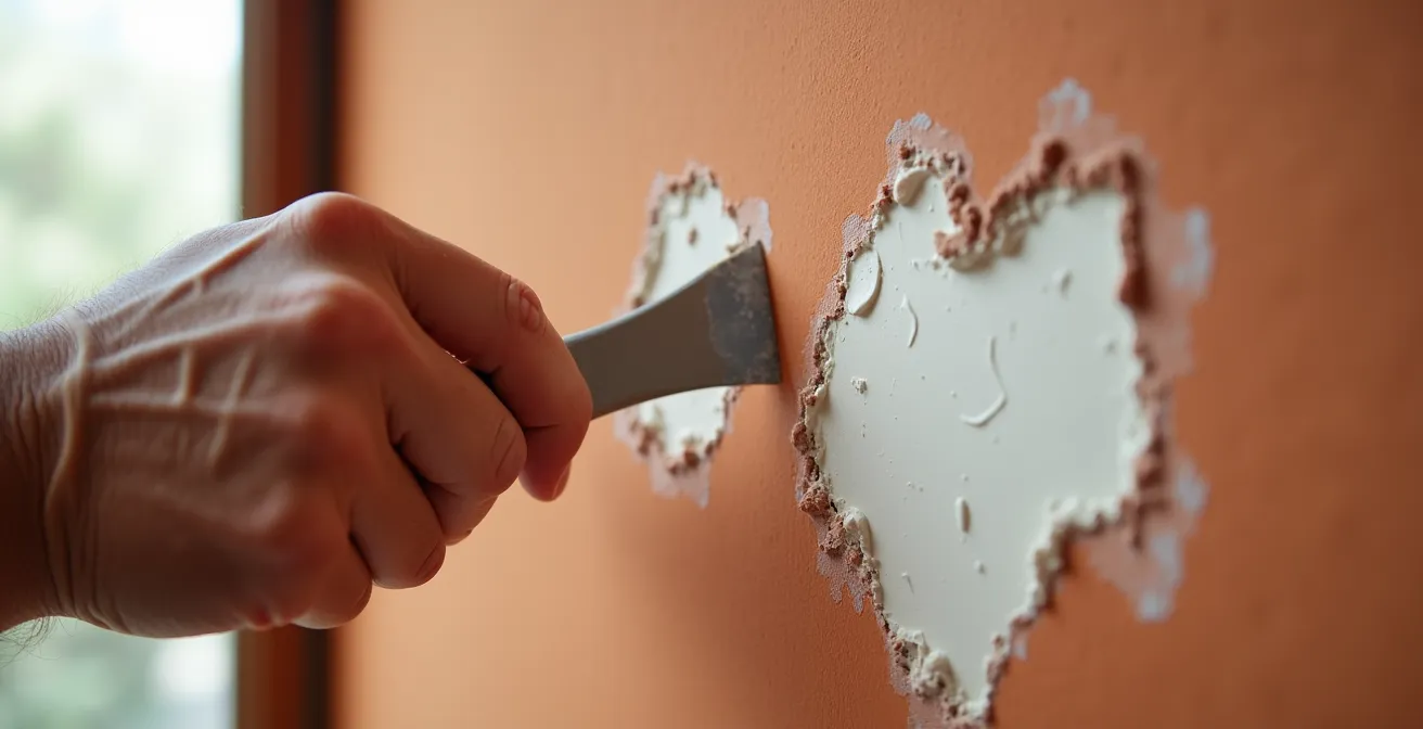 Mano aplicando masilla en agujero de pared con espátula profesional