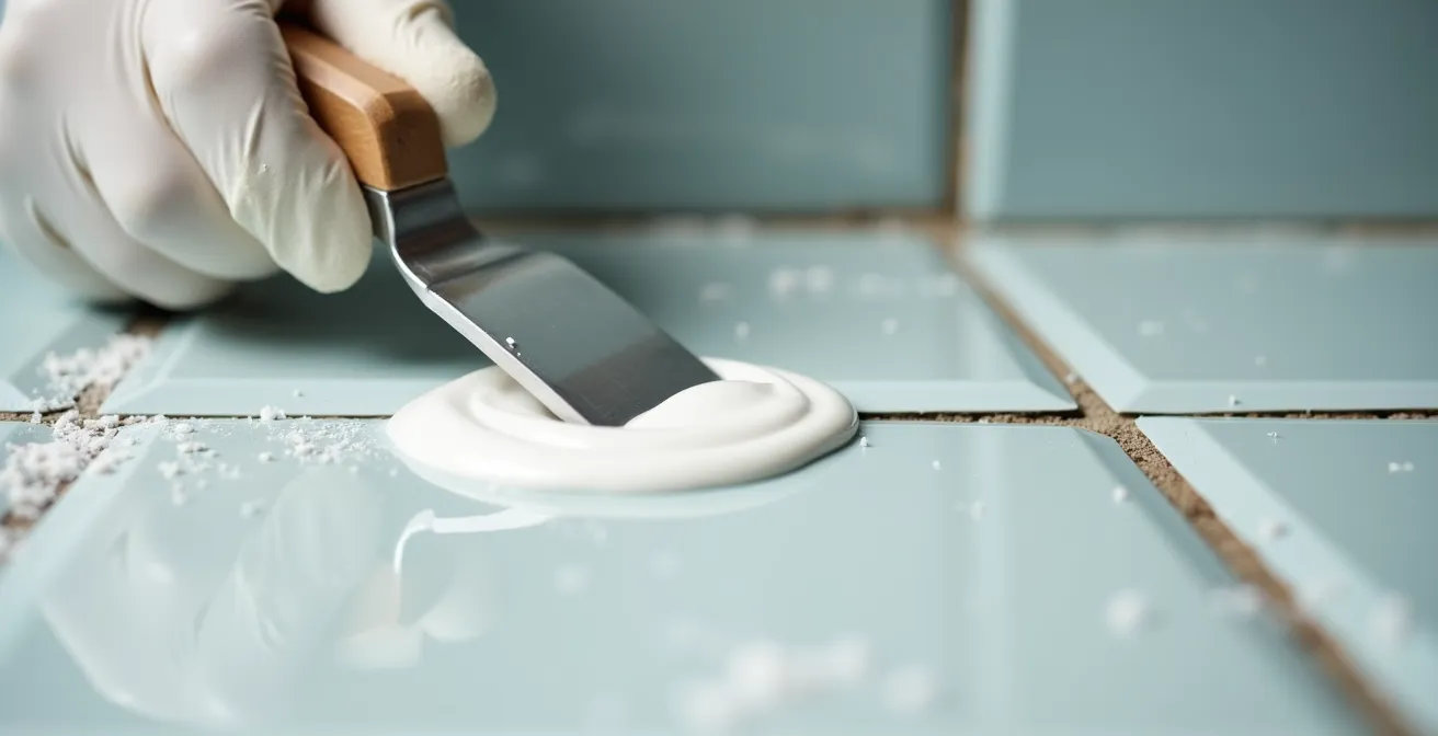 Mano de profesional aplicando masilla sobre juntas de azulejos antiguos