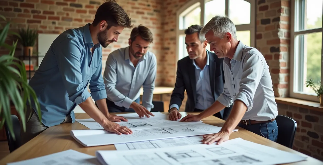 Equipo multidisciplinar de diseño revisando planos en mesa de trabajo