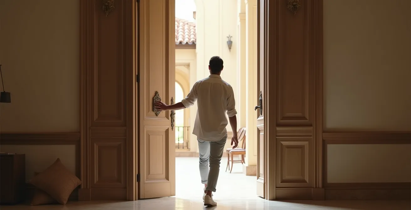 Interior con puerta de 2,40m de altura en espacio minimalista elegante