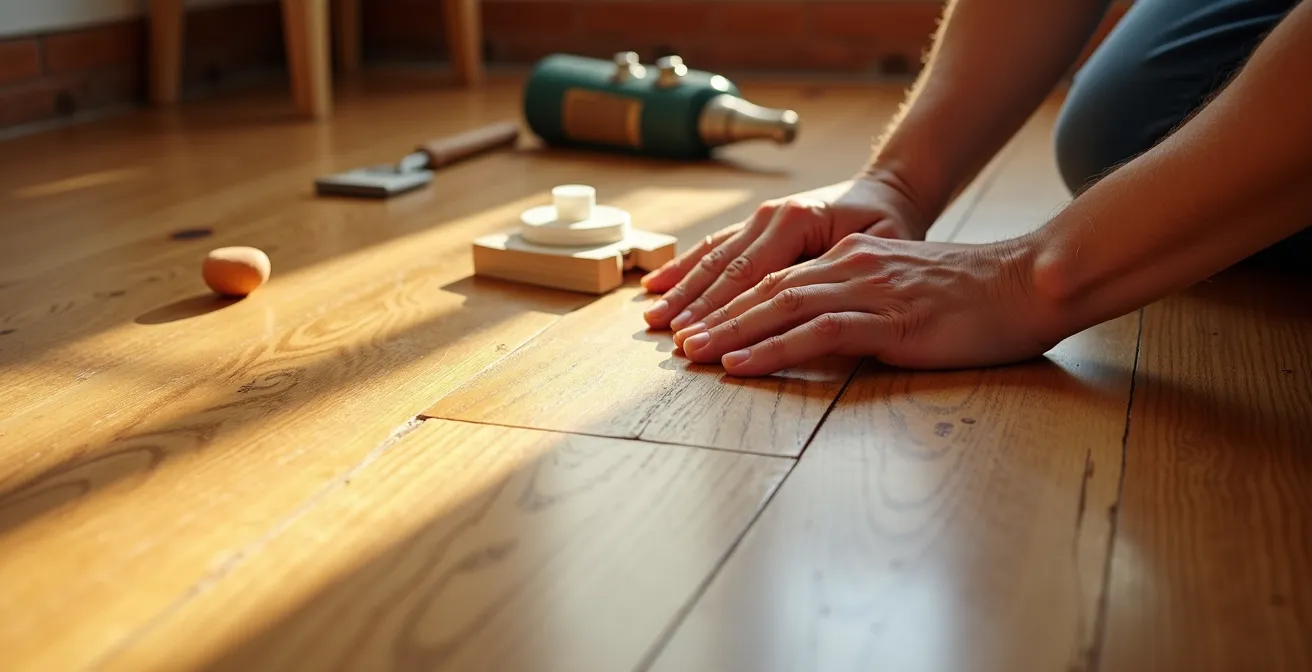 Vista cenital de suelo de roble con zona reparada mostrando la diferencia