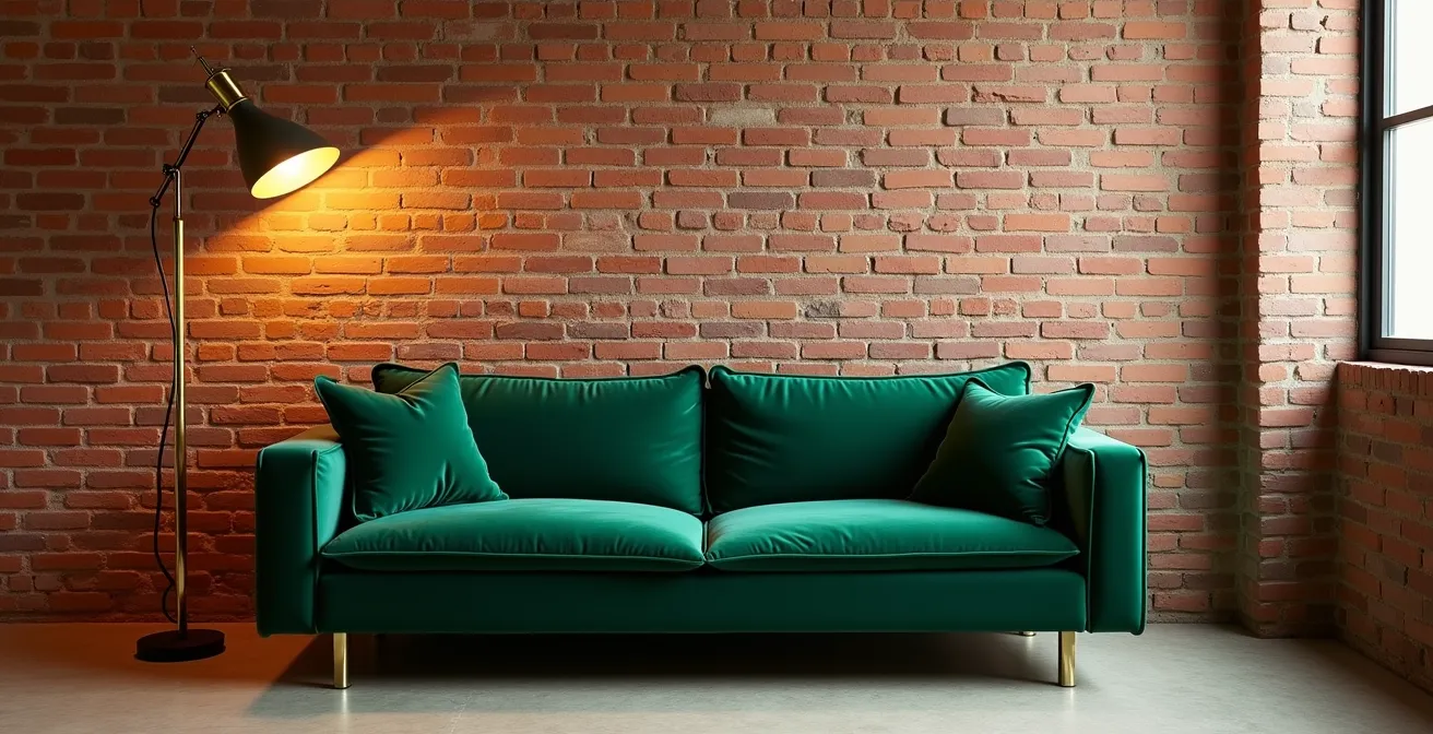 Salón moderno con pared de ladrillo visto, sofá de terciopelo y elementos metálicos