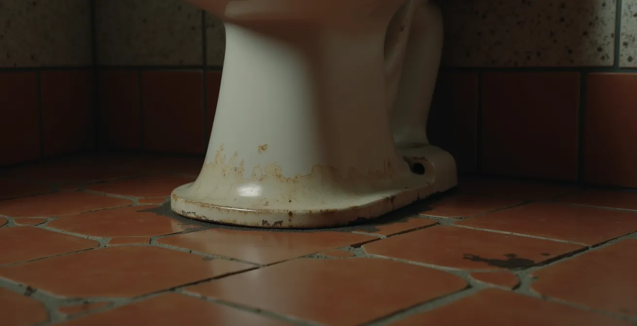 Base de inodoro mostrando deterioro del sello sin elementos de texto