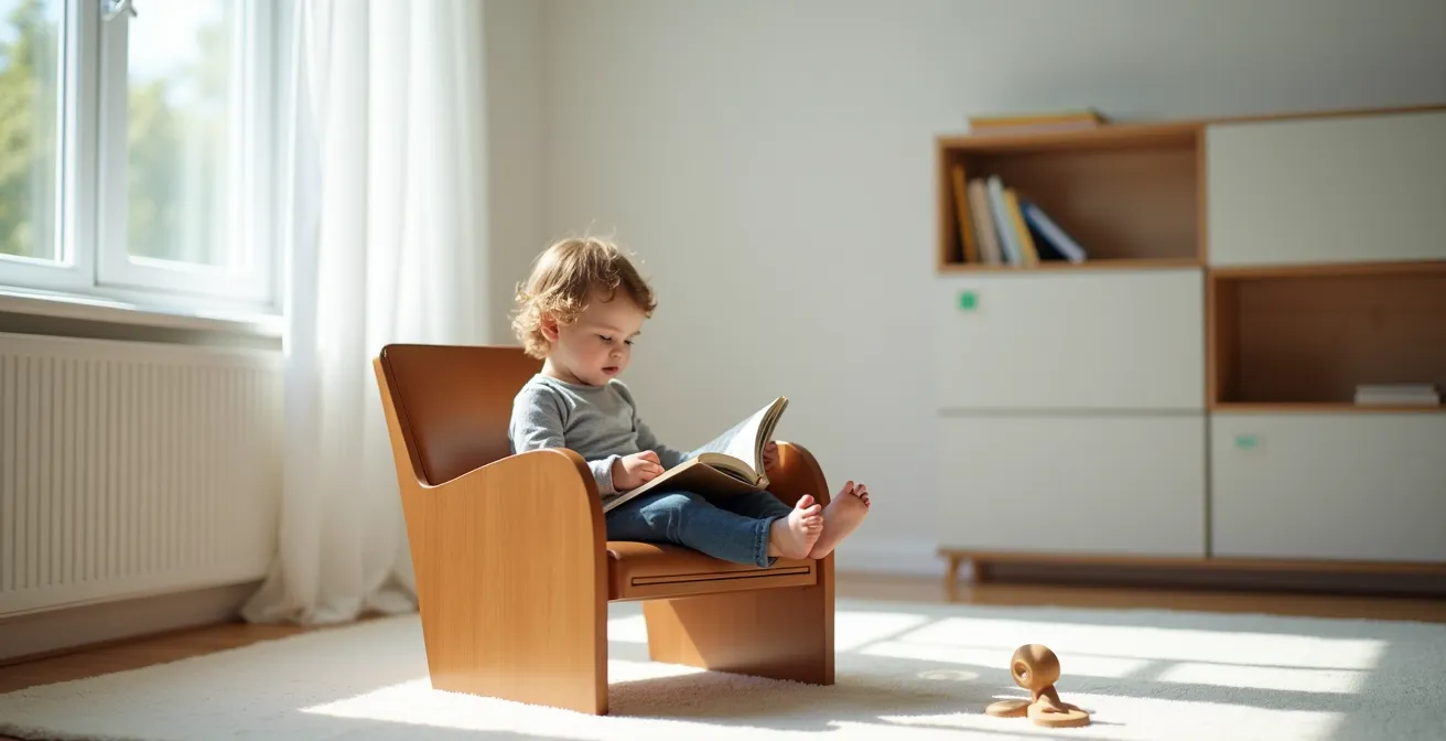 Silla de diseño español creando un acogedor rincón de lectura infantil en salón minimalista