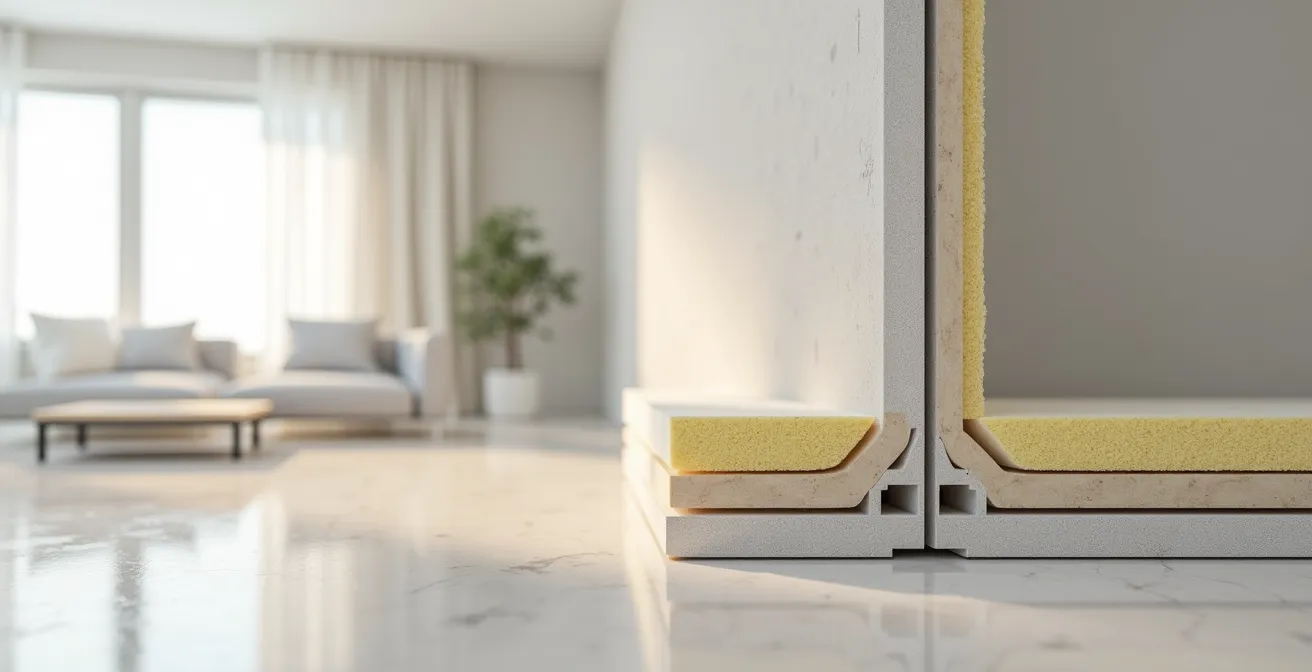 Corte transversal mostrando capas de aislamiento acústico en tabique de pladur