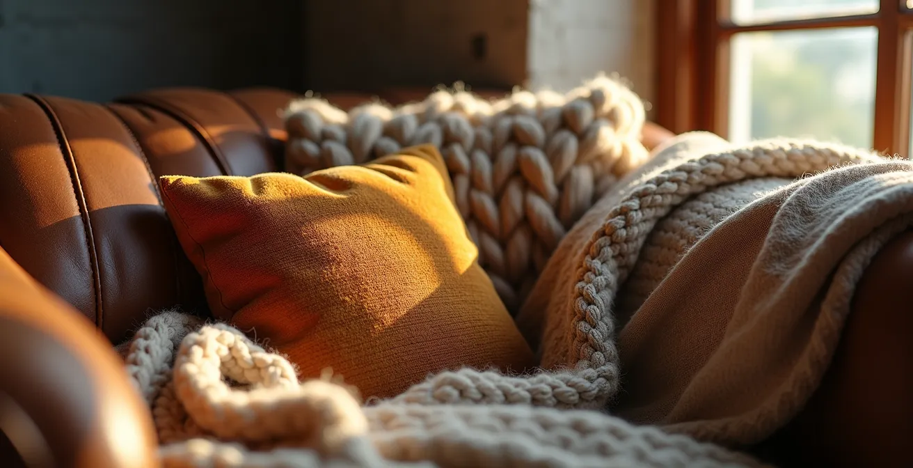 Rincón acogedor con sofá de cuero envejecido, cojines de terciopelo terracota y manta de lana gruesa en espacio industrial