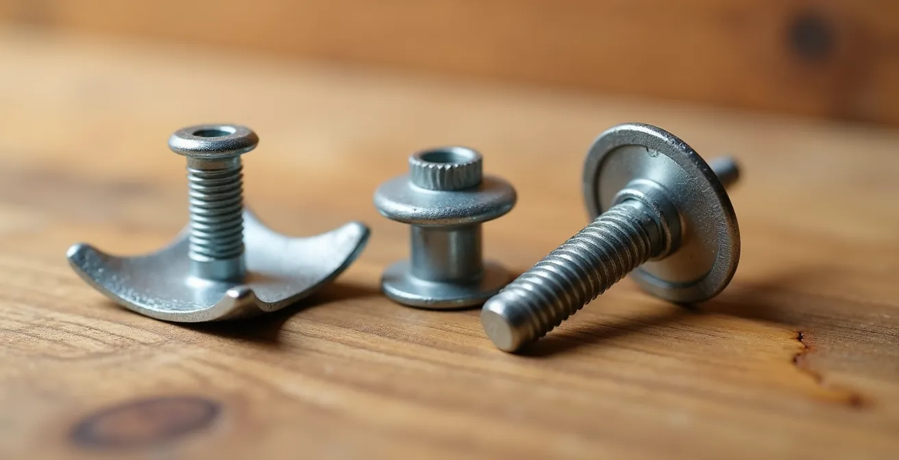 Diferentes tipos de tacos para pared dispuestos sobre superficie de madera