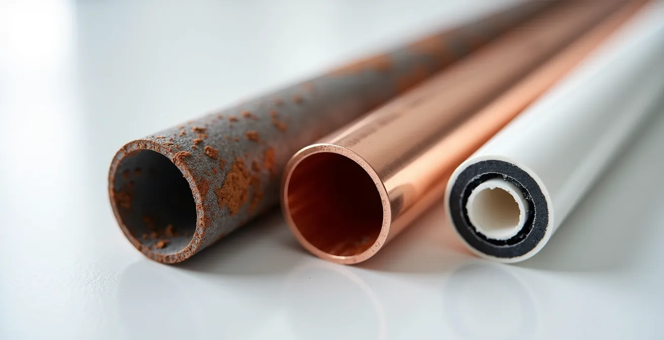 Comparación visual de tres tipos de tuberías: cobre brillante, hierro oxidado y multicapa blanca, mostrando sus diferentes texturas y materiales