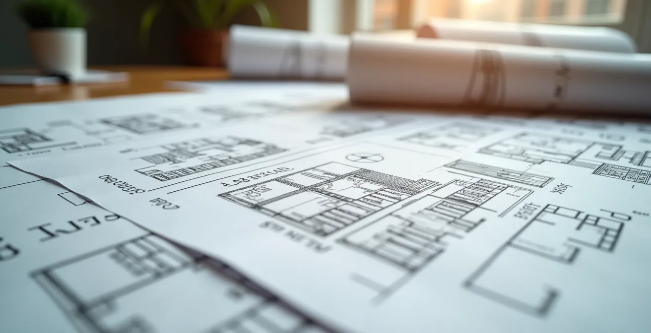 Mesa de trabajo con documentos de proyecto arquitectónico y sello oficial del ayuntamiento