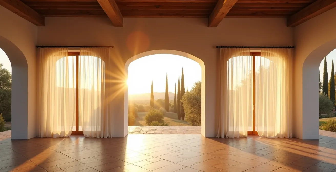 Interior de casa mediterránea al atardecer mostrando flujo de aire natural a través de ventanas estratégicamente ubicadas