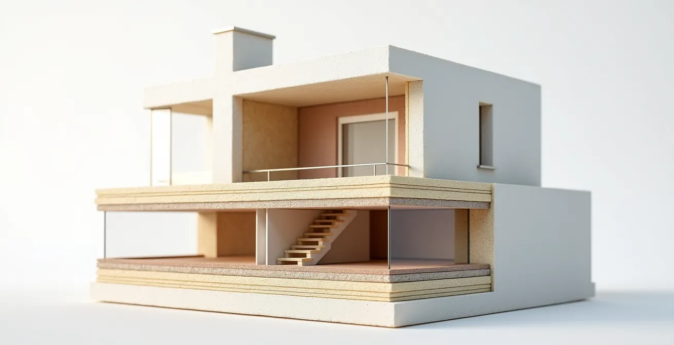Sección transversal de casa pasiva mostrando capas de aislamiento, ventanas de triple vidrio y sistema de ventilación con recuperador